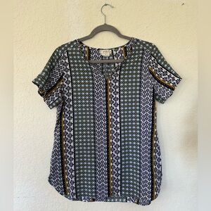 Van Heusen Geometric Print Blouse, Navy Blue Mustard Pattern, Casual Minimalist